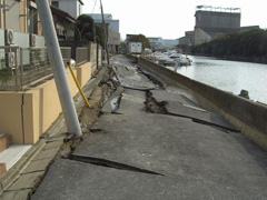 沿岸部の護岸も数か所で傾いた（日の出町）