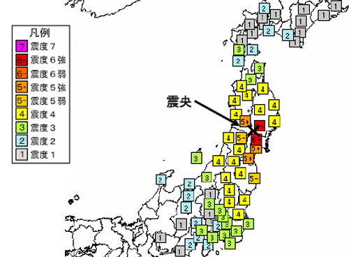 震度分布図：本震